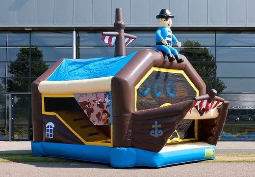 Buy shooting combo small pirate bounce house with cover, shooting game and slide for kids. Order bounce houses online at JB Inflatables America