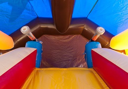 Order shooting combo small pirate bouncer covered, with cannon game and slide for kids. Buy inflatable bouncers online at JB Inflatables America