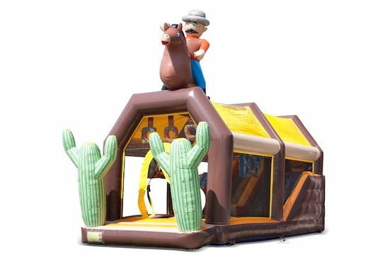 Order shooting combo western bounce house with shooting game and slide for kids. Buy bounce houses online at JB Inflatables America