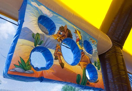 Buy shooting combo western bounce house with cover, shooting game and slide for kids. Order bounce houses online at JB Inflatables America