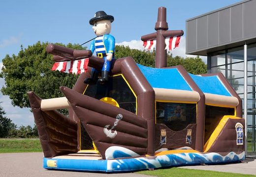 Buy shooting combo pirate bouncy castle covered, with shooting game and slide for kids. Order bouncy castles online at JB Inflatables America