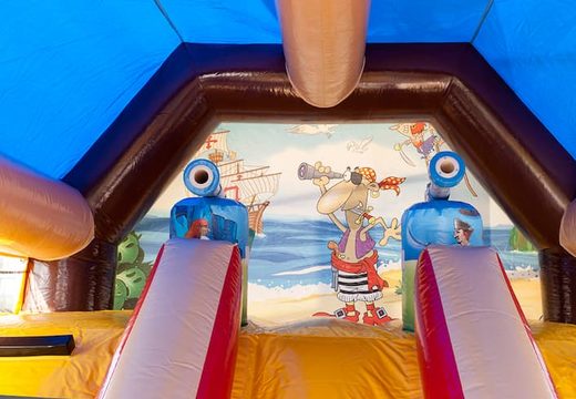 Buy shooting combo pirate bounce house with shooting game and slide for kids. Order inflatable bounce houses online at JB Inflatables America