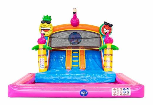 Buy a bouncy castle with water slide for your garden in a flamingo theme for children. Order bouncy castles online at JB Inflatables America