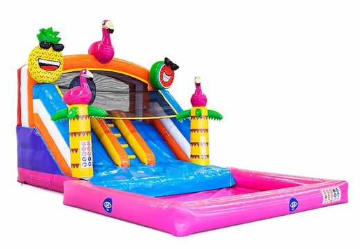 Buy a water slide bouncy castle with a 3D object of a large flamingo on top at JB Inflatables America. Order bouncy castles online at JB Inflatables America now