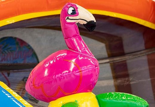 Order a water slide bouncer with a 3D object of a large flamingo on top from JB Inflatables America. Buy bouncers online now at JB Inflatables America