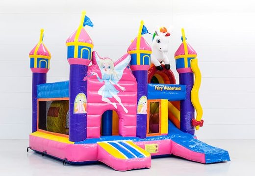 Bouncer in fairy wonderland theme with a slide for children. Buy inflatable bouncers online at JB Inflatables America