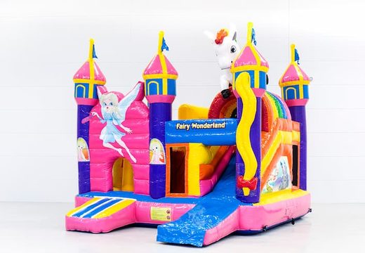 Multiplay Fairy Wonderland bounce house with a slide and fun objects on the jumping surface for children. Buy inflatable bounce houses online at JB Inflatables America