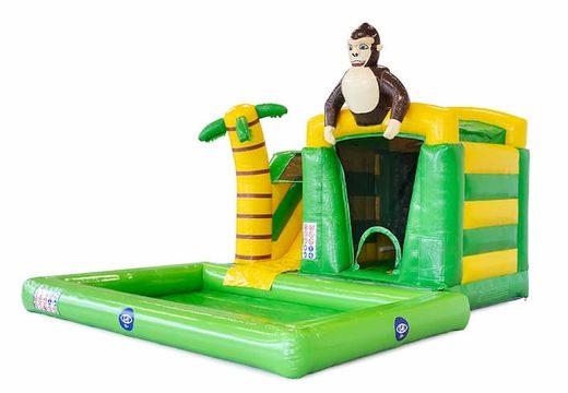 Order inflatable mini green splash bounce house in jungle theme with 3D object of a gorilla on top for kids. Buy inflatable bounce houses online at JB Inflatables America