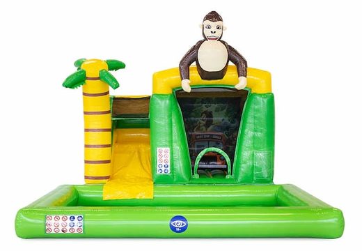 Buy inflatable mini green splash bounce house in jungle theme with 3D object of a gorilla on top. Order inflatable bounce houses online at JB Inflatables America