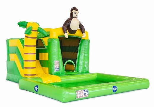 Buy a small green splash bounce bounce house in jungle theme with a 3D object of a gorilla at JB Inflatables America