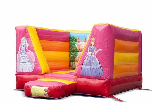 Buy a small open inflatable pink yellow orange bounce house in princess theme for kids. Bounce houses are online available at JB Inflatables America