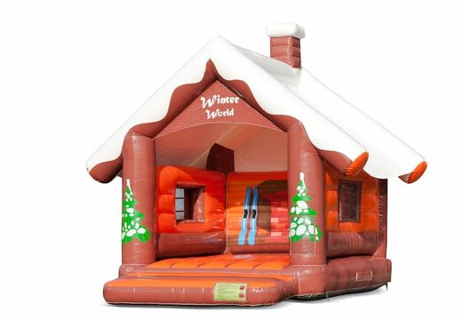 Order standard Skihut winterworld bouncy castle with a 3D chimney on top for children. Buy inflatable bouncy castles online at JB Inflatables America