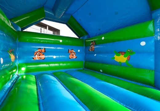 Buy standard bounce houses with a 3D turtle object on top for kids. Order bounce houses online at JB Inflatables America