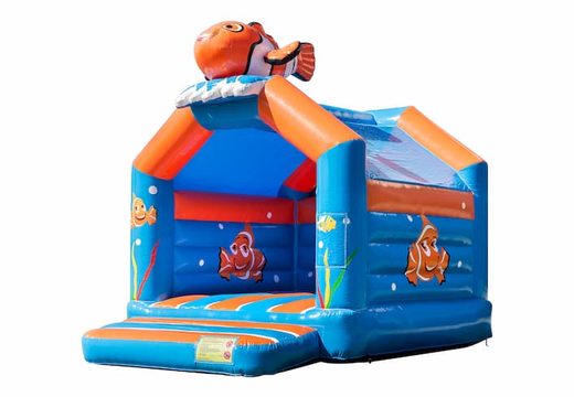 Buy standard party bouncy castles in striking colors with a large 3D object of a clownfish on top for children. Order bouncy castles online at JB Inflatables America