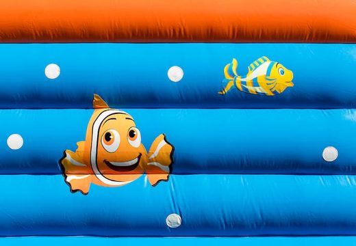 Buy standard party bouncers in striking colors with a large 3D clownfish object on top for children. Order bouncers online at JB Inflatables America