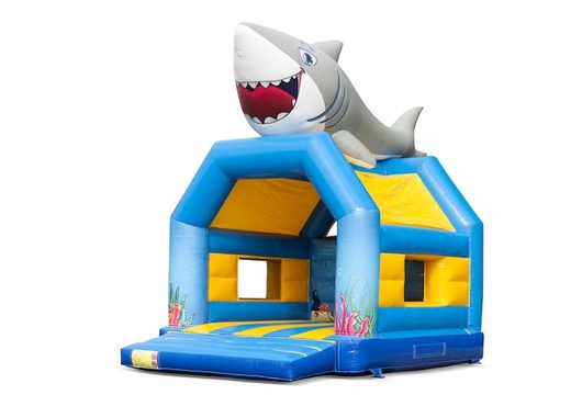 Buy unique standard bounce houses with a 3D shark object on the top for kids. Buy bounce houses online at JB Inflatables America