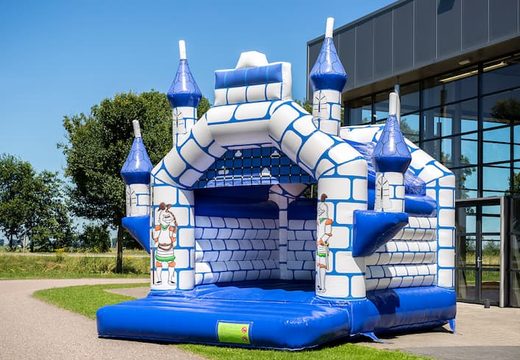Order standard castle bounce houses in blue with a knight theme for children. Buy bounce houses online at JB Inflatables America