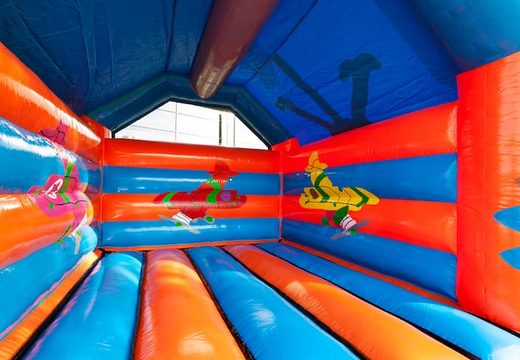 Buy a unique standard airplane bounce house in striking colors with a large 3D object for children on top. Buy bounce houses online at JB Inflatables America