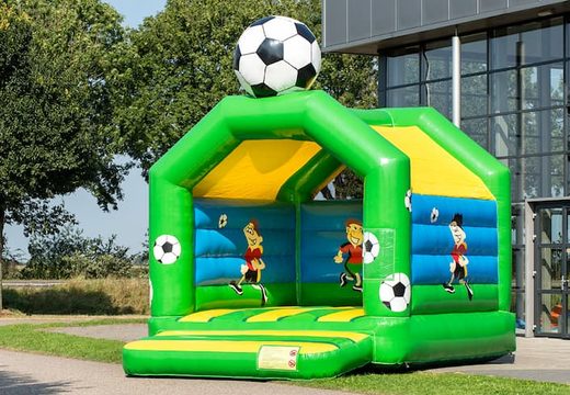 Standard bouncers for sale in striking colors with a large 3D object in the shape of a football for children on top. Buy indoor bouncers online at JB Inflatables America