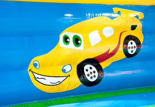 Big super bouncer covered with cheerful animations in car theme for children. Order bouncers online at JB Inflatables America 