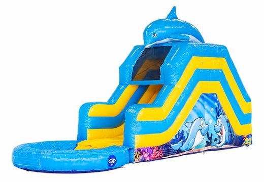 Buy bouncy castle with water slide for the garden in the dolphin theme for children. Order inflatable bouncy castles online at JB Inflatables America