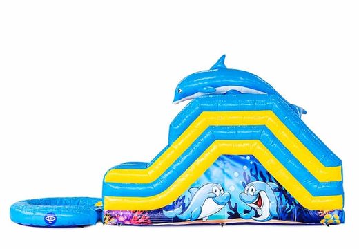 Buy inflatable water slide bounce house in dolphin theme with 3D object on top. Order inflatable bounce houses online at JB Inflatables America