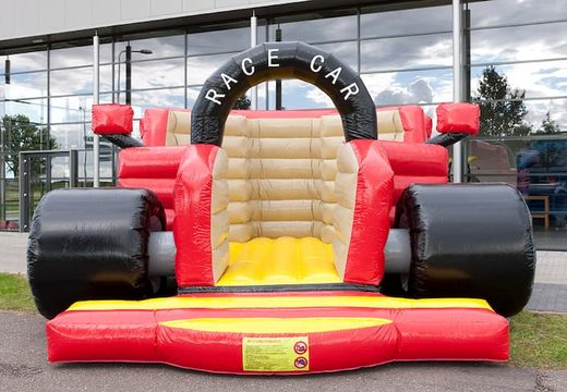 Buy F1 car super bounce house in the colors black red brown and yellow for children.  Order bounce houses online at JB Inflatables America