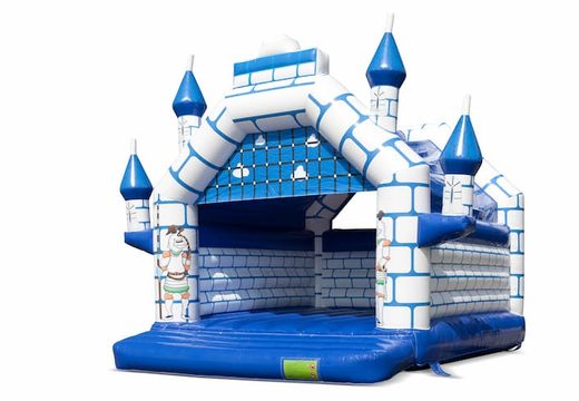 Buy a large covered blue and white bounce house in a children's castle theme. Available at JB Inflatables America online 