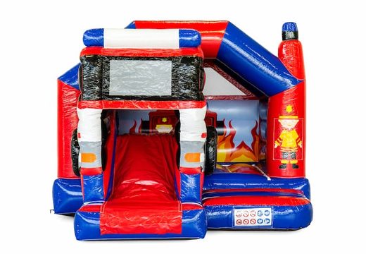 Buy inflatable slide combo firefighter-themed bounce house for kids in red en blue color. Order inflatable bounce houses with slide now at JB Inflatables America
