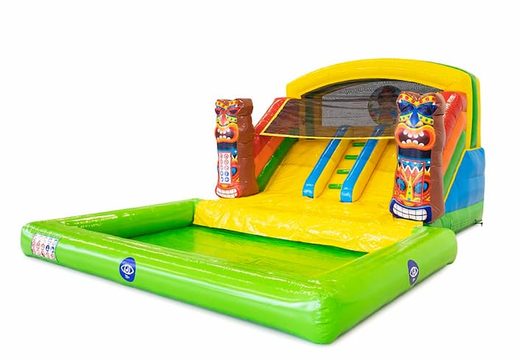 Buy an inflatable bouncer with double slide and water bath in the Hawaii theme for children at JB Inflatables America. Order inflatable bouncers at JB Inflatables America