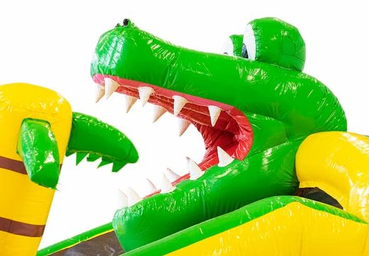 Order an inflatable bounce house in a crocodile theme with or without a bath for kids. Buy bounce houses online at JB Inflatables America