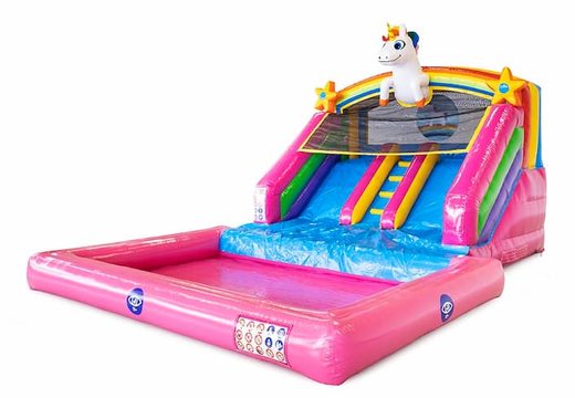 Buy inflatable splashy slide bouncy castle with double slides and water bath in theme unicorn rainbow for children at JB Inflatables America. Order bouncy castles online at JB Inflatabales America
