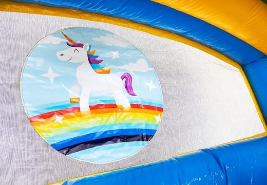 Multiplay splashy slide unicorn bounce house for kids at JB Inflatables America. Order bounce houses online at JB Inflatables America