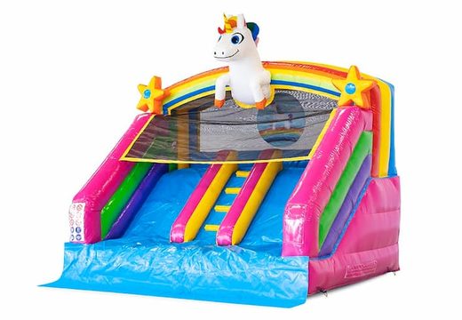 Order a water slide bouncer with a 3D object of a large unicorn on top from JB Inflatables America. Buy bouncers online now at JB Inflatables America