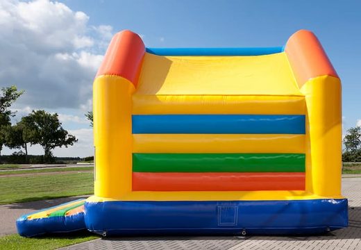 Buy a standard covered super bounce house in the colors yellow, orange, green and blue for children. Order bounce houses online at JB Inflatables America