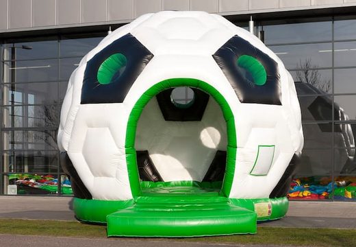 Buy large covered round bouncy castle in football theme in the colors green, black and white for children. Order inflatables online at JB Inflatables America