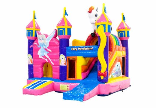 Buy inflatable bounce house in fairy wonderland theme with slide for children. Order inflatable bounce houses online at JB Inflatables America