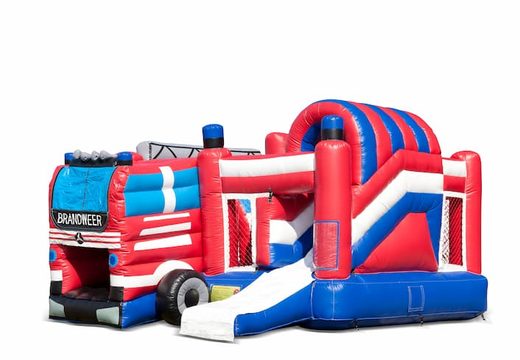 Buy covered inflatable bouncy castle in theme fire truck with slide for children. Order inflatable bouncy castles online at JB Inflatables America