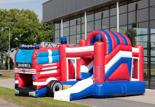 Multiplay bounce house in theme fire truck with slide for children. Buy inflatable bounce houses online at JB Inflatables America