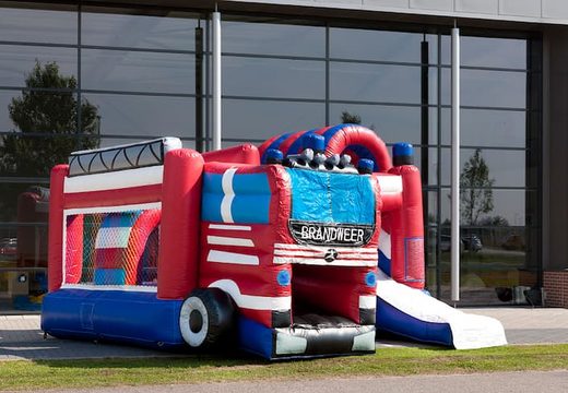 Medium inflatable multiplay bounce house in fire truck theme with a slide for children. Order inflatable bounce houses online at JB Inflatables America