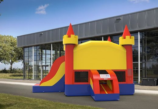 Inflatable unique leftside climb & slide combo 13ft basic bounce house in colors blue-red&yellow for both young and old. Order inflatable bouncers online at JB Inflatables America
