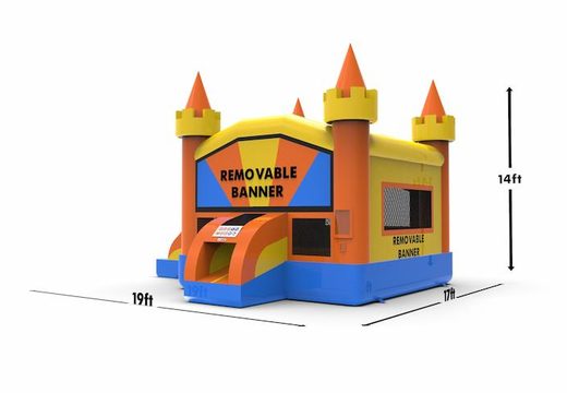 Buy a manufactured leftside climb & slide combo 13ft basic inflatable bounce house in colors blue-yellow&orange for both young and old. Order inflatable bounce houses online at JB Inflatables America