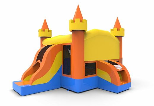 Inflatable unique leftside climb & slide combo 13ft basic bounce house in colors blue-yellow&orange for both young and old. Order inflatable commercial bounce houses online at JB Inflatables America
