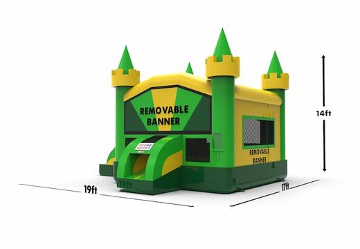 Buy inflatable leftside climb & slide combo 13ft jumper basic bounce house in colors green&yellow for both young and old. Order inflatable bounce houses online for sale at JB Inflatables America