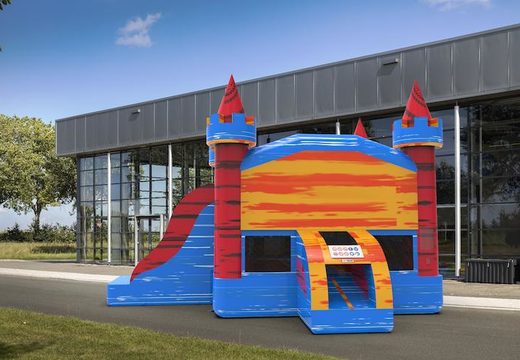 Inflatable unique leftside climb & slide combo 13ft inflatable bounce house in theme marble in colors blue-red&orange for both young and old. Order inflatable moonwalks online at JB Inflatables America