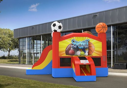 Buy an inflatable commercial leftside climb & slide combo 13ft bounce house in the theme sports for both young and old. Order inflatable bounce houses online at JB Inflatables America