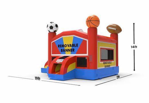 Buy inflatable unique manufactured leftside climb & slide combo 13ft bounce house in theme sports for both young and old. Order inflatable bounce houses online at JB Inflatables America