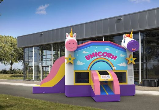 Buy an inflatable leftside climb & slide combo 13ft bounce house in the theme unicorn for both young and old. Order inflatable commercial bounce houses online at JB Inflatables America