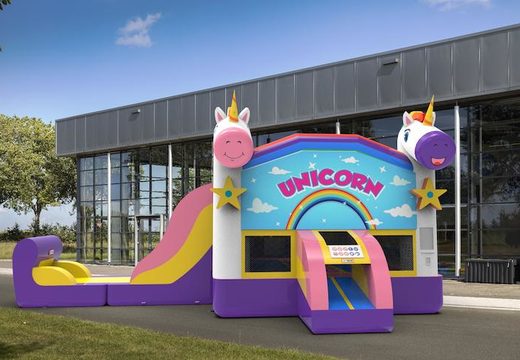 Buy an inflatable leftside climb & slide combo 13ft bounce house in theme unicorn. Order inflatable wholesale bounce houses online at JB Inflatables America