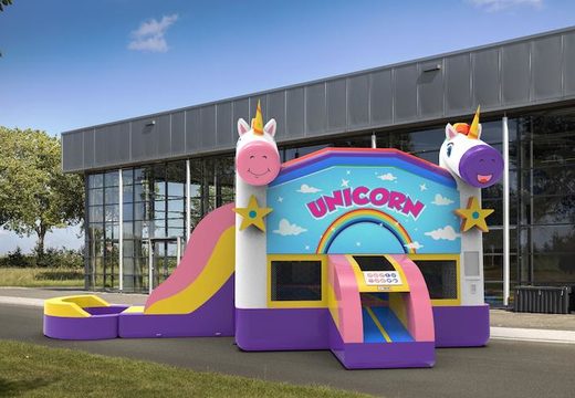 Buy inflatable manufactured leftside climb & slide combo 13ft bounce house in theme unicorn for both young and old. Order inflatable bounce houses online at JB Inflatables America